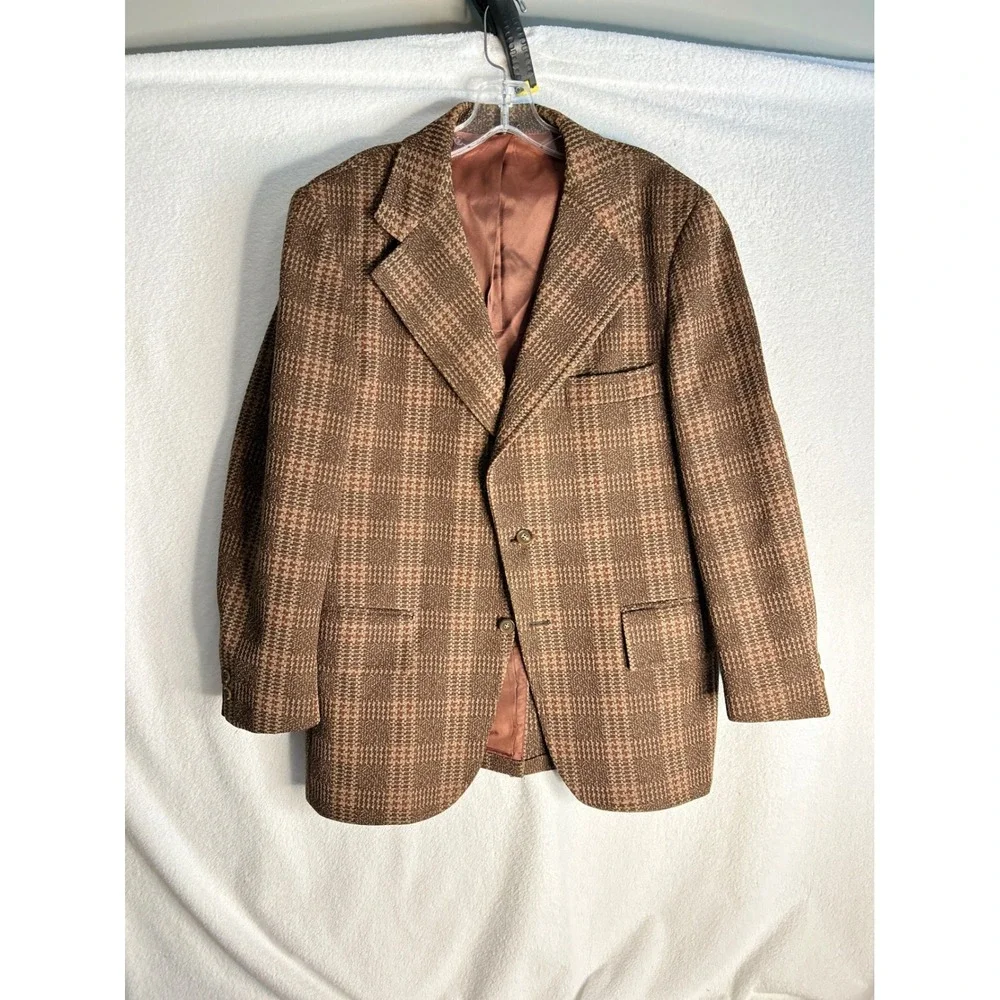 Oakmont Vintage Mens Brown Plaid Two Button Blazer Sport Coat size 44S see pics